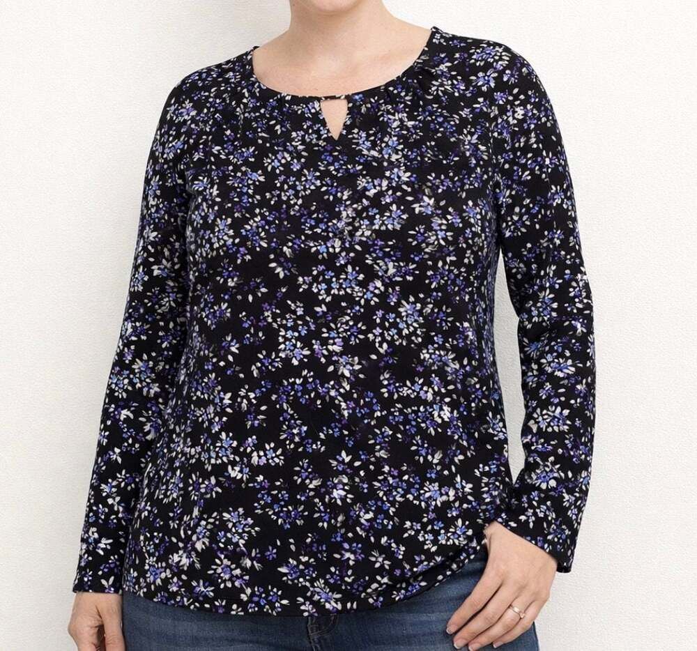 J. Jill Wearever Collection Floral Keyhole Neck Long Sleeve Knit Top Petite S